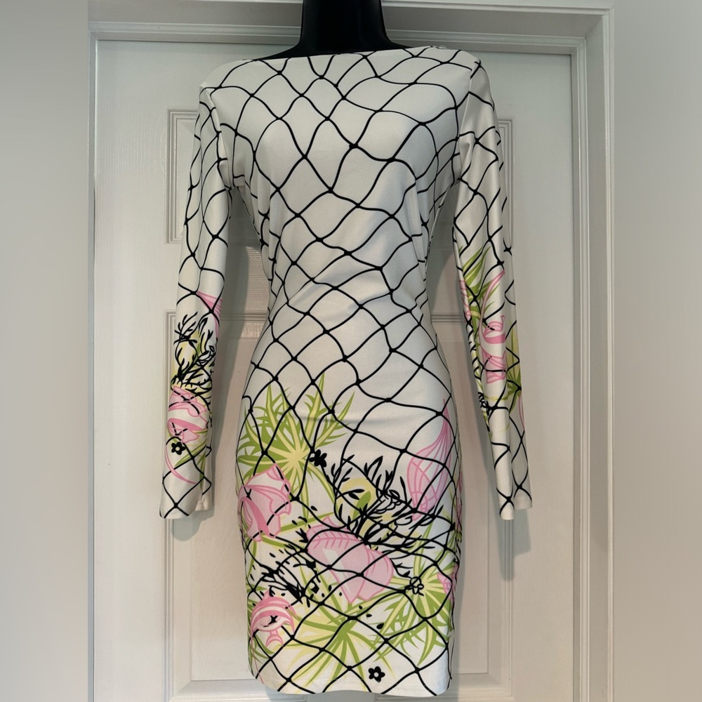 Floral Print Long Sleeve Bodycon Dress - White with Pink & Green